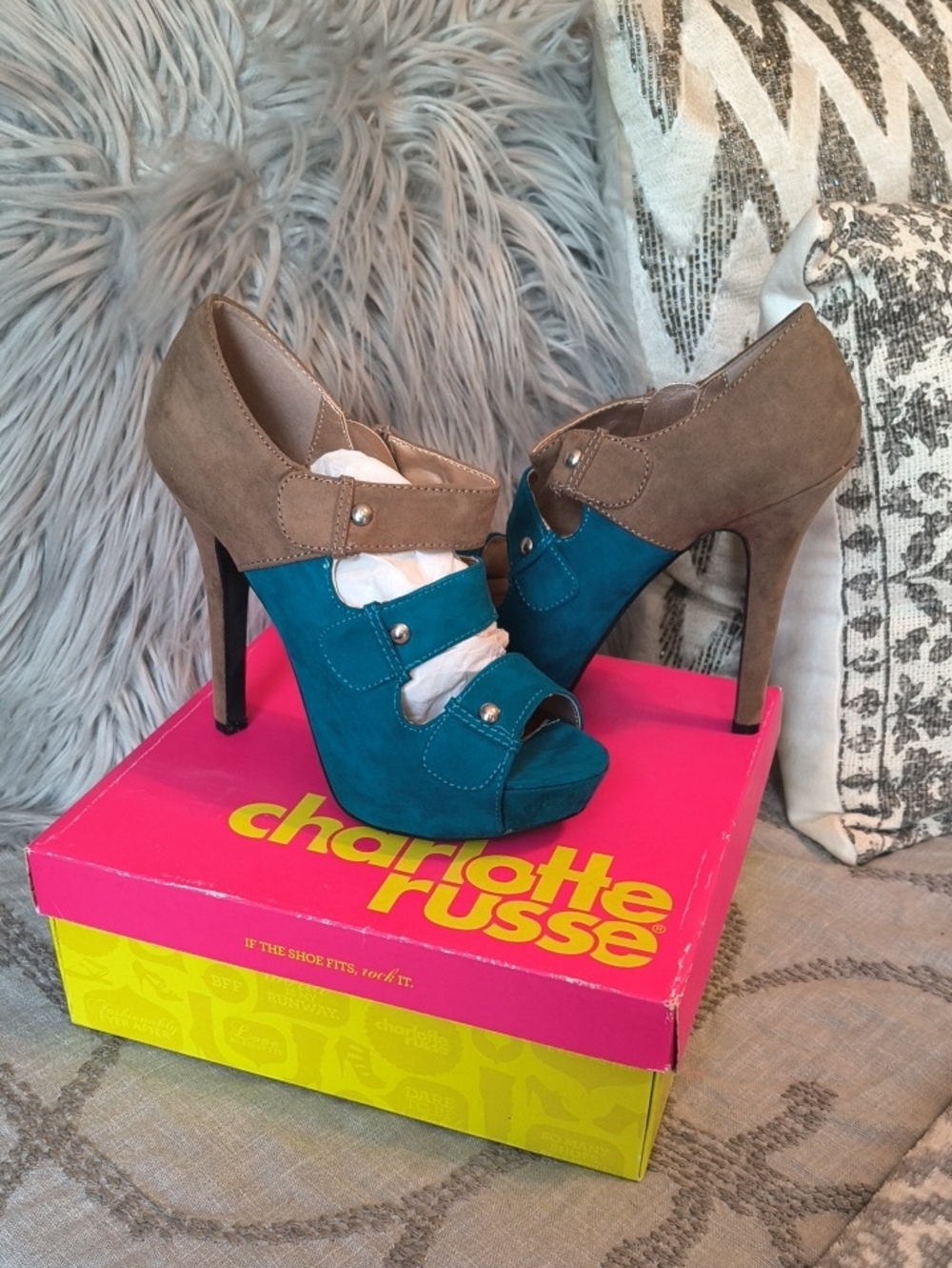 Charlotte Russe Teal and Brown Suede Peep-Toe Platform Heels